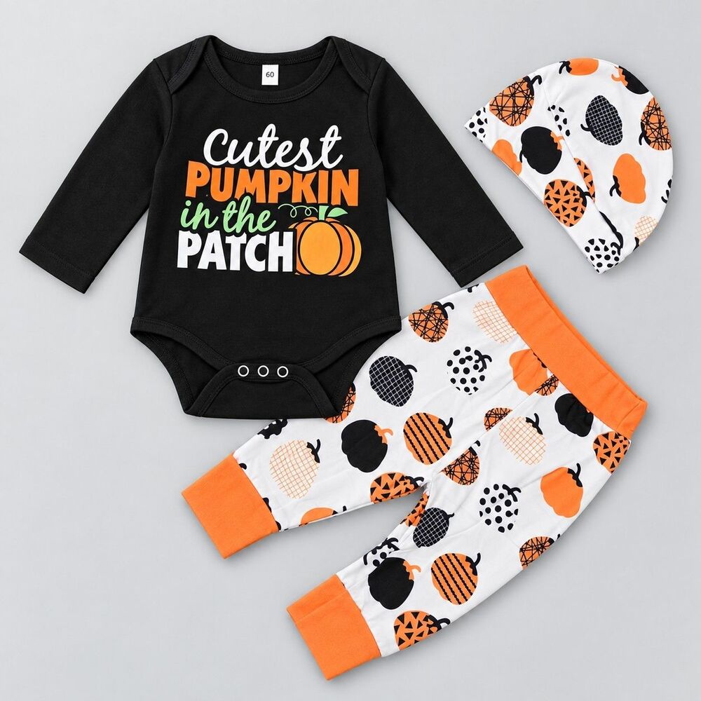 Halloween Pumpkin Baby Outfit Size 60 0-3 Months 3pc Bodysuit Pants Hat Set